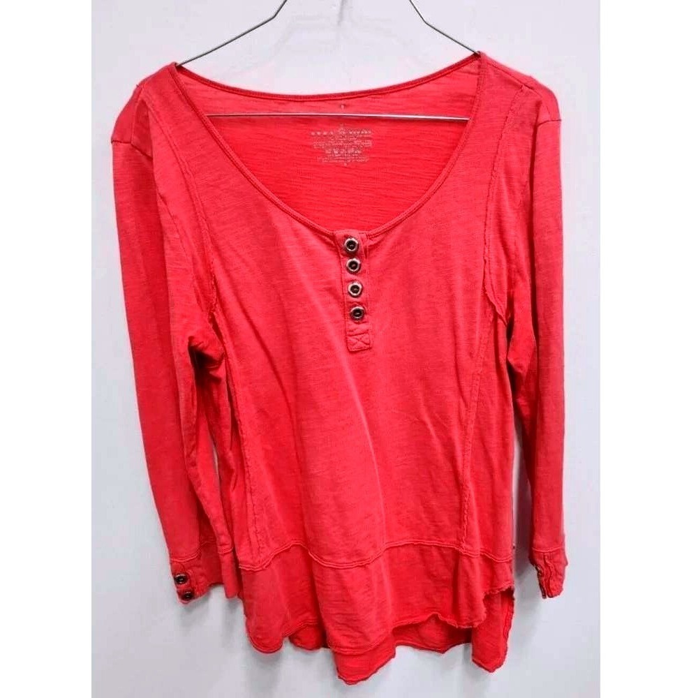 Soft Surroundings Henley Top Womens M Pink Slub Knit Long Sleeve Boho Casual